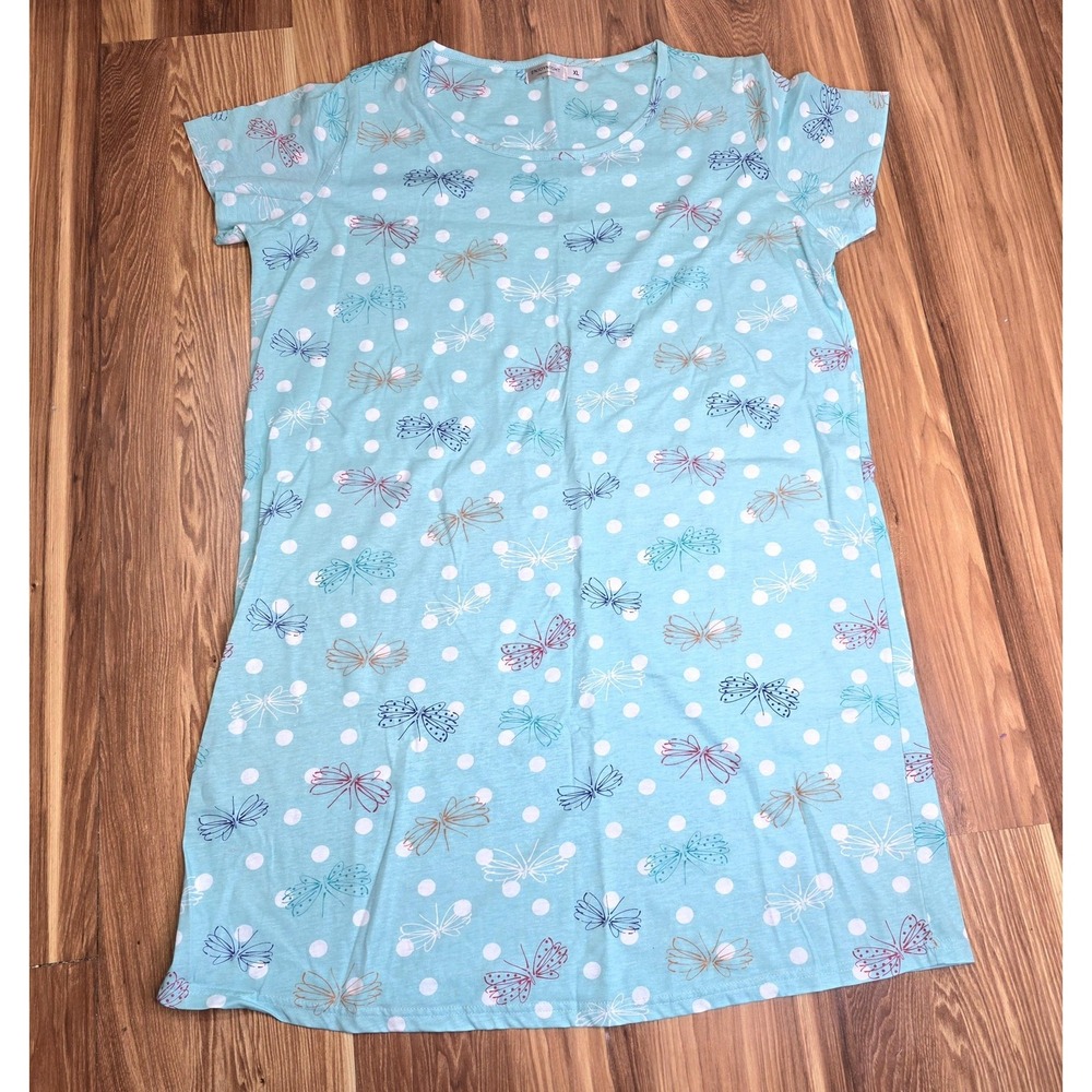 ENJOYNIGHT Sleepshirt Womens XL Blue Butterfly Polka Dot Short Sleeve Nightgown